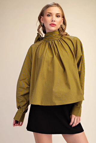Tie High Neck Stripe Satin Blouse