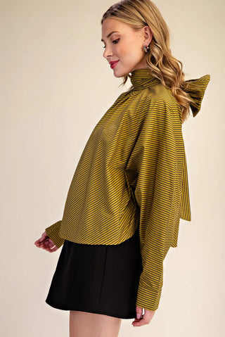Tie High Neck Stripe Satin Blouse