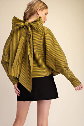 Tie High Neck Stripe Satin Blouse
