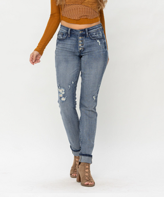 Mid Rise Button Fly Contrast Wash