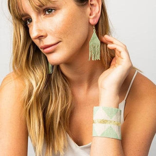 Mint + Ivory Diamond Gold Stripe Luxe Stretch Beaded Bracelet