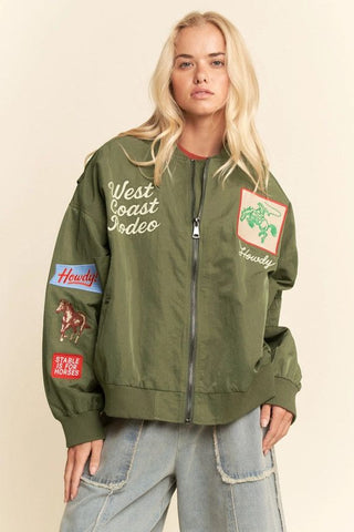 Army Green West Coast Rodeo Embroidered Bomber Jacket
