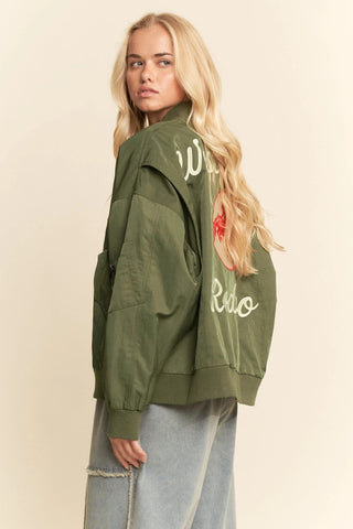 Army Green West Coast Rodeo Embroidered Bomber Jacket