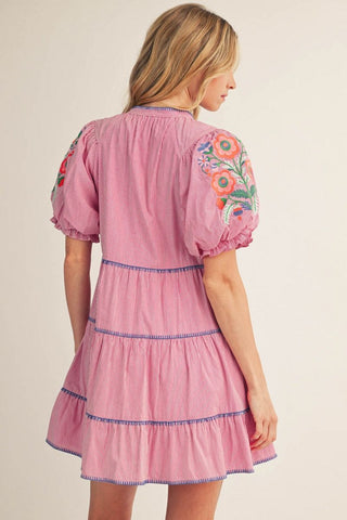 Short puff sleeves tiered pinstripe dress