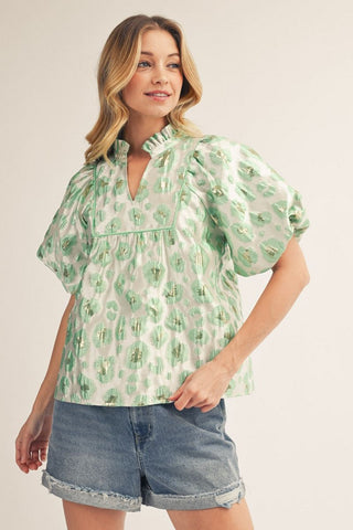 Short puff sleeves floral jacquard babydoll top with ruffled neckline