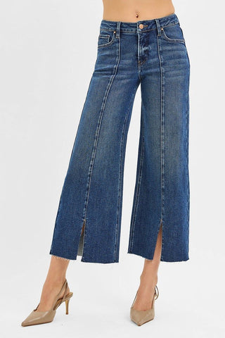 Tummy Control Mid Rise Crop Wide Front Slit Jeans