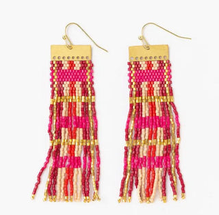 Mckenzie Brass Bar Long Fringe Earrings Hot Pink + Gold