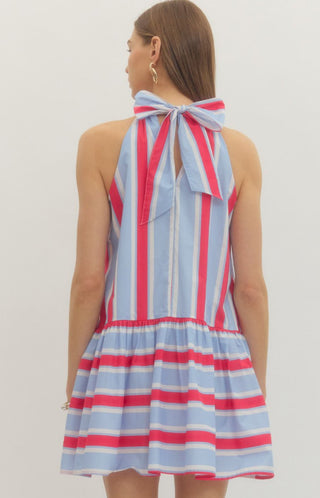 Striped sleeveless mini dress featuring back neck tie