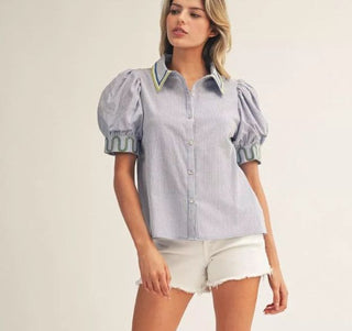 Short puff sleeves button down pinstripe top with embroidery detail.