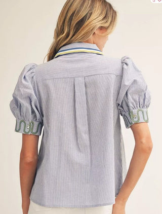 Short puff sleeves button down pinstripe top with embroidery detail.