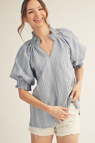 Short puff sleeves stripe top with ruffle detail