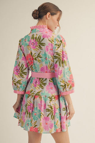 3/4 sleeves tiered floral dress with waist tie