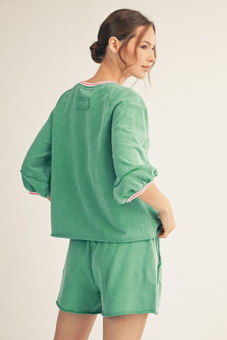 3/4 puff sleeves washed fabric casual top