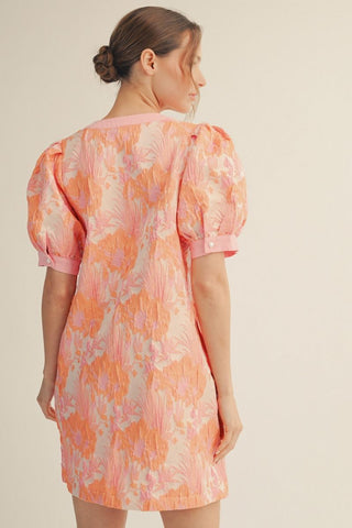 Short puff sleeves floral jacquard dress