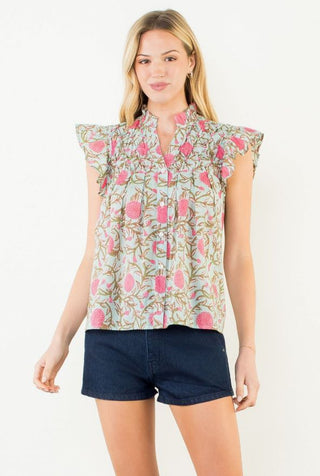 Flutter Sleeve Floral Detail Button Up Top