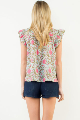 Flutter Sleeve Floral Detail Button Up Top