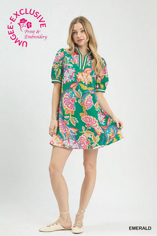 Jacquard Paisley Print Puff Sleeve Tunic Dress