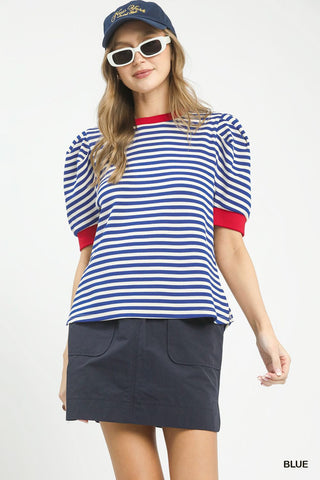 Striped Puff Sleeve Contrast Trim Knit Top