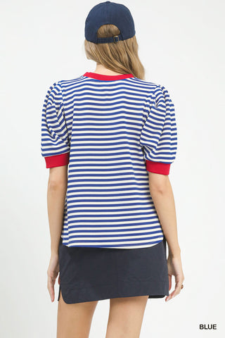 Striped Puff Sleeve Contrast Trim Knit Top