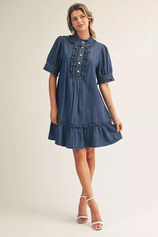 Denim dress with ruffle detail