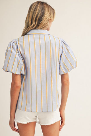 Short puff sleeves stripe top with Western embroidery accent