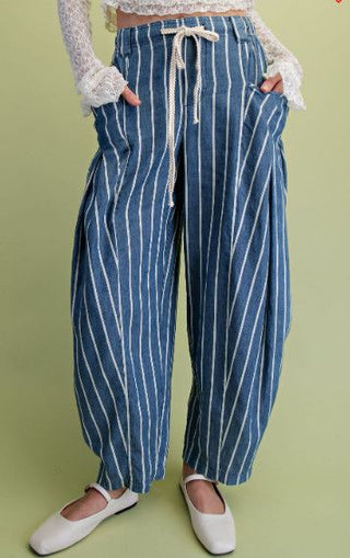 Striped Printed Washed Chambray Pants