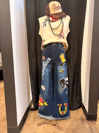 Dark Wash Rodeo Patch Cuffed Wide Leg Jeans (31in)