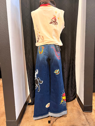 Dark Wash Rodeo Patch Cuffed Wide Leg Jeans (31in)