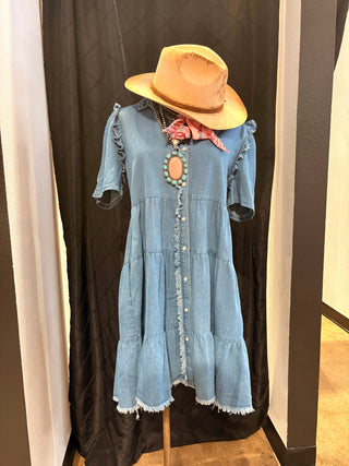 Mid Wash Tencel Denim Ruffle Side Pocket Dress