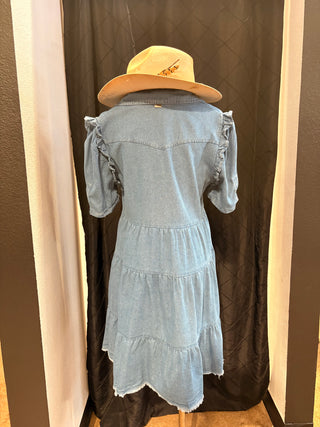 Mid Wash Tencel Denim Ruffle Side Pocket Dress