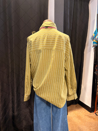 Olive green pinstripe button-down shirt with neck tie detail, long sleeves, shown from back view on mannequin.