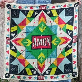 Colorful geometric bandana with "Amen" text center, featuring hearts, stars, and animal motifs on cream border.