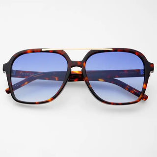Tortoise shell aviator sunglasses with gradient blue lenses and gold double bridge bar detail.