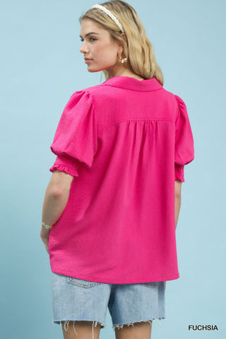 Seersucker Puff Sleeve Blouse