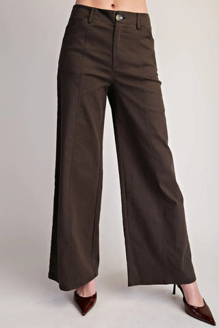 Dark olive wide-leg pants with front seam stitching, button closure, and side pockets, styled with burgundy heels.