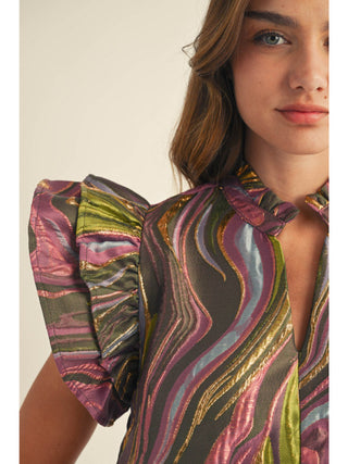 Multicolor abstract marble print dress with layered ruffle cap sleeves and metallic gold accents, V-neckline