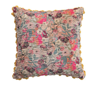Velvet Printed Pillow w/ Hand-Embroidered Kantha Stitch, Pom Poms & Chambray Back