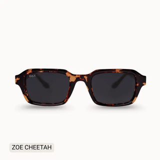 DAX Zoe Cheetah sunglasses with rectangular frames in brown tortoiseshell pattern and dark gray lenses.