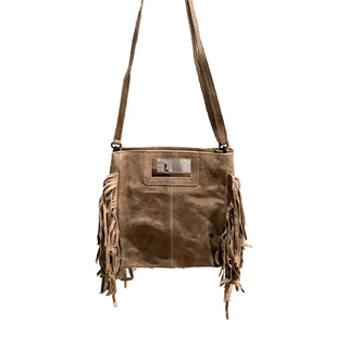 Beige Italian crackled leather crossbody bag with side fringe details, adjustable strap, and front label pocket.