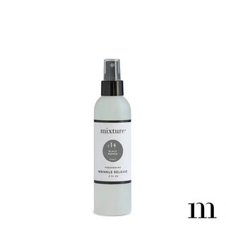 Mixture No. 14 Black Pepper Freshening Wrinkle Release spray bottle, 7 oz, light gray with black pump top.