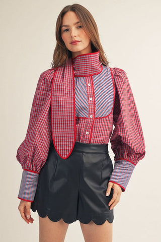 Red and blue plaid puff sleeve button-down shirt with attached tie neck scarf accent detail.