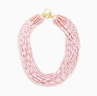 Multi-strand pastel pink glossy oval beaded necklace with gold toggle clasp closure.