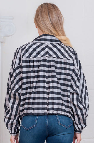 Checkered light weight jacket with bungee cord detail