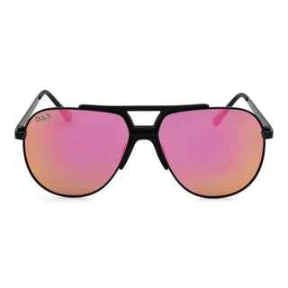 DAX Brooks unisex large polarized aviator sunglasses with hot pink mirrored lenses and black metal frame.