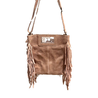 Pink-toned Italian crackled leather crossbody bag with long suede fringe sides and cowhide accent patch.