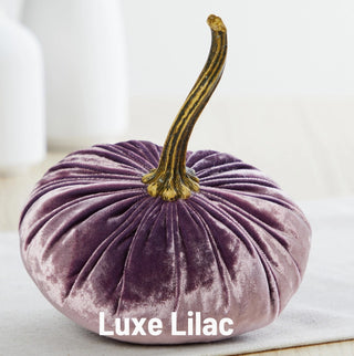 Small lilac velvet pumpkin with realistic striped green stem, decorative fall home accent piece.