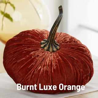 Extra large velvet pumpkin in burnt orange with realistic dark decorative stem, fall home décor accent.