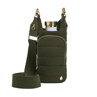 Forest green corduroy crossbody water bottle carrier bag with gold hardware, zipper pocket, and wide adjustable strap.