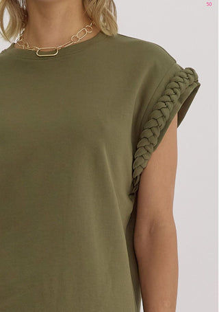 Round neck cap sleeve top featuring braided detail at cuff