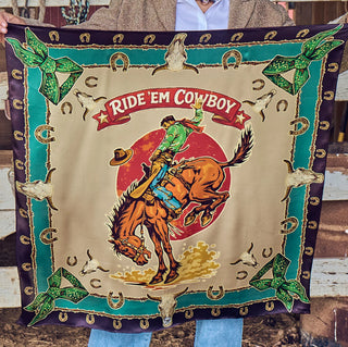 Jade and brown silk scarf featuring a rodeo cowboy on bucking bronco with horseshoe border design.